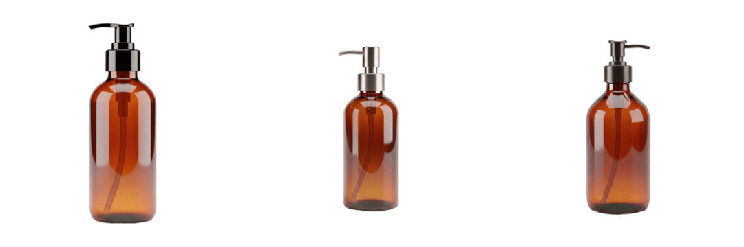 Set of Three Amber Glass Pump Bottles Isolated on White Background, Blank Cosmetic or Soap Dispenser Mockup, High-Quality Professional Packaging Element for Beauty, Skincare, and Eco-Friendly Personal
