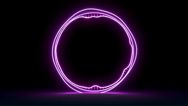Abstract neon purple circle frame with an integrated audio visualizer, creating a dynamic and glowing light ring effect. This seamless loop animation features a sound wave pattern within the circle, m