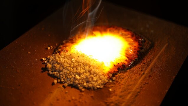 Extreme macro of welding flux granules surrounding a white-hot submerged arc weld point. Orange and red molten slag ring the brilliant glow while a wisp of smoke rises into the dark background.