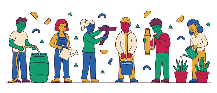 People collecting water illustration flat vector set for sustainable water management and eco-friendly conservation activities, gardening, community teamwork and environmental responsibility concept d