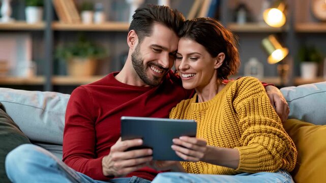This depicts a happy couple enjoying leisure time and digital connection at home. A smiling man and woman are relaxing comfortably on a sofa, sharing a tablet for online entertainment. This scene conv