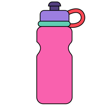 Pink water bottle with purple cap, retro drink container, vector illustration design.