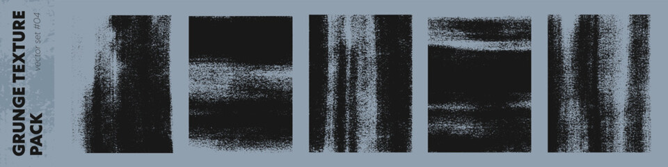 Grunge vector texture pack with distressed linocut prints.Rough roller ink stamp textures with worn edges and photocopy noise effect.Bold urban overlays for poster design,packaging,branding,layouts © Xenia Artwork 