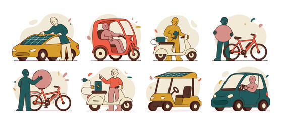 Fototapeta premium Electric Vehicles And Green Transportation Illustration Set, Sustainable Mobility Concepts With Solar Cars, E-Scooters, And Bicycles In A Modern Minimalist Flat Design Style For Eco-Friendly Urban Tra