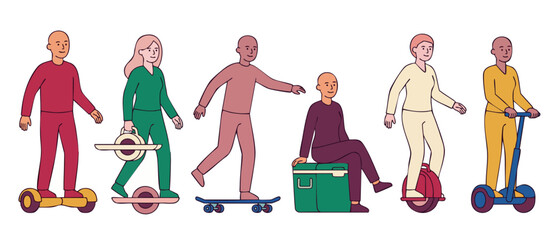 People using electric personal mobility devices and skateboards, flat vector illustration set showing diverse transportation methods and urban city commuting lifestyle on a isolated white background c © Dinali
