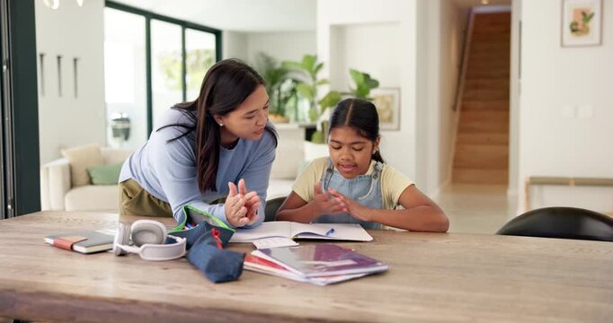 Homework, writing and mom with girl with help for education, learning and school activity. Family, home and mother with child for correct answer, quiz and studying for development, study and support