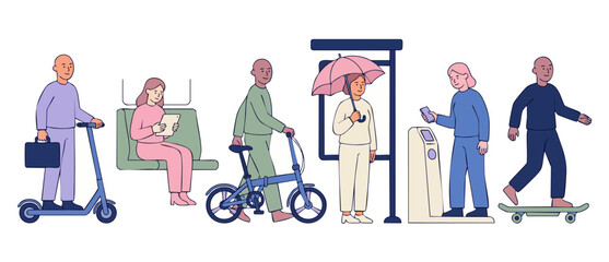 Fototapeta premium People commuting with urban transport, electric scooter, bicycle, and skateboard. Modern city lifestyle set featuring daily transit scenes, diverse characters, and eco-friendly mobility solutions for