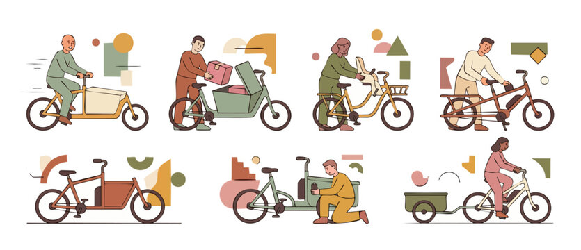 Cargo bike delivery set with people riding electric bicycles and loading parcels for urban logistics, courier service illustration, sustainable transport concept, flat vector icon pack on white backgr