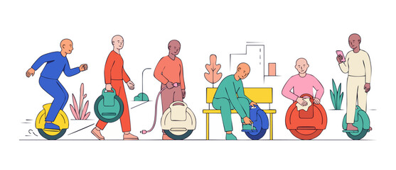 Electric Unicycle People Lifestyle Set, Modern Personal Transport Characters Riding and Maintaining One-Wheel Vehicles in Urban City Environment, Flat Vector Illustration of Sustainable Eco-Friendly C © Dinali