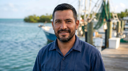 Fototapeta premium Fisherman smiling on dock with boats in background