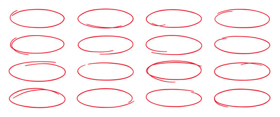 Pen marker circle highlight and red ovals doodle. Freehand ellipse frames in sketch style. Hand drawn vector illustration isolated on white background © AnyaLi