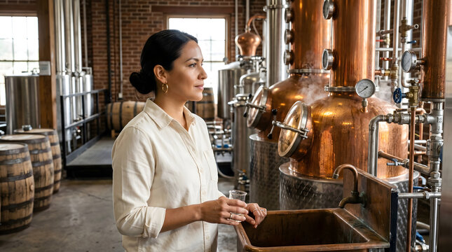 Woman working in distillery with copper stills and barrels