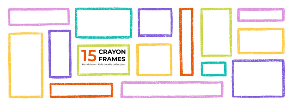 Crayon kids frame and chalk text box with grunge pencil texture. . Childish color border set in sketch style, rectangular and square shapes. Hand drawn illustration isolated on transparent background