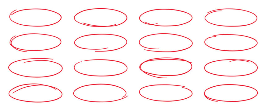 Pen marker circle highlight and red ovals doodle. Freehand ellipse frames in sketch style. Hand drawn vector illustration isolated on white background
