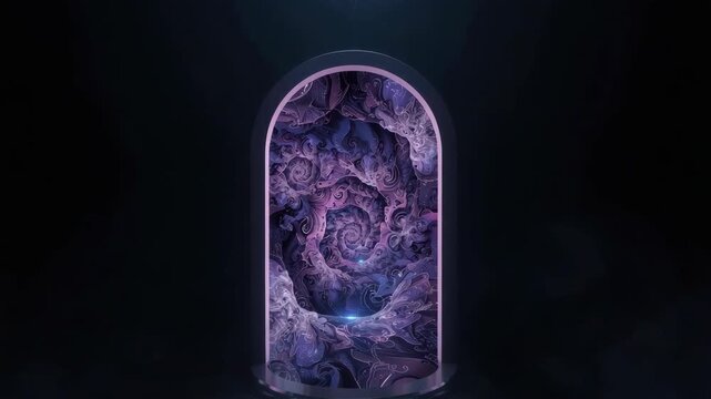 Surreal purple spiral vortex inside glass dome with illuminated arched display, dreamy mysterious