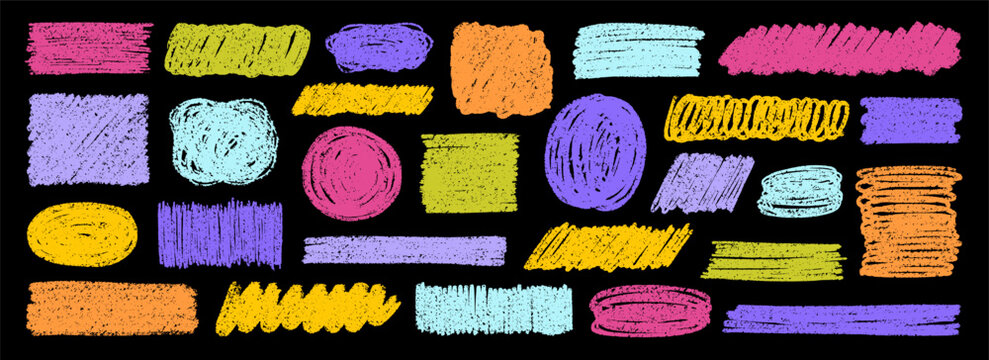 Crayon brush stroke and scribble pen doodle set. Crayon kids color highlight in sketch style, Pastel lines and shapes with grunge pencil texture. Hand drawn illustration isolated on black background