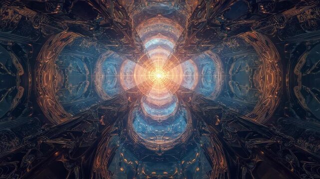 Radiant geometric light in ornate metallic tunnel with futuristic glowing core and symmetry