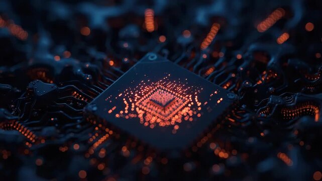 Glowing microchip circuit board with warm orange lights deep blue tones semiconductor processor