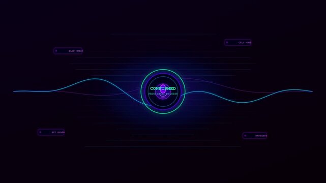 A futuristic digital graphic of a voice command interface featuring glowing neon sound waves and a central microphone icon for smart home technology visualization
