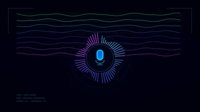 A futuristic voice command interface features glowing circular audio visualizers and colorful horizontal sound waves pulsing against a dark digital background during active recognition.