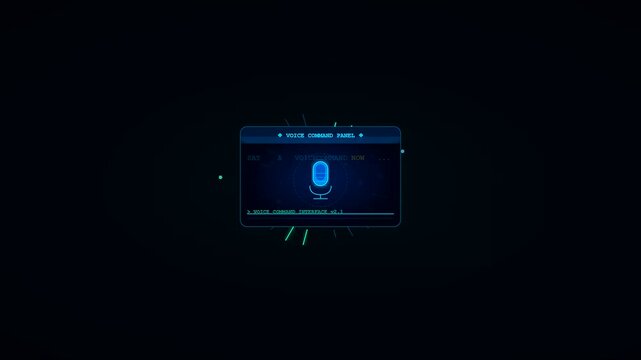A futuristic and glowing blue voice command interface activates with smooth digital animations on a dark HUD display for smart technology control systems.