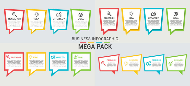 Business infographic mega pack bundle with research, idea, strategy, and goal concepts for corporate presentations.