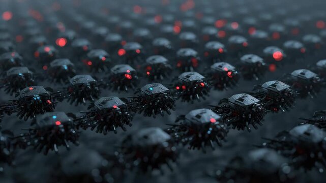 Futuristic robot drone swarm grid dark formation with glowing red and blue lights ominous eerie