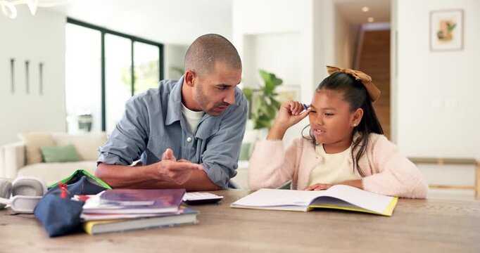 Homework, counting and dad with child with lesson for maths, learning and help with activity. Family, home and father with girl for answer, calculator and notebook for education, number and studying