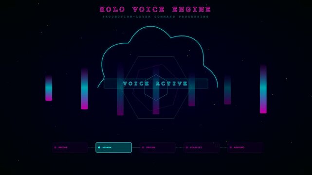 A futuristic voice command interface visualizes data processing with glowing pink and cyan equalizer bars moving rhythmically against a dark digital background for artificial intelligence.