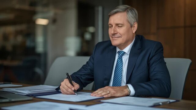 Mature businessman man navy suit and tie signing contract conference table with focused confident