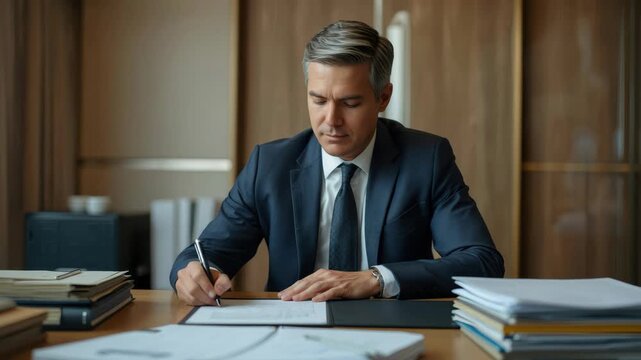 Middle aged businessman man suit and tie signing documents wooden desk, confident professional