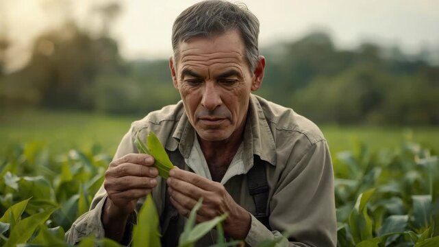 Middle aged farmer adult man inspecting corn leaf cornfield agriculture golden hour focused