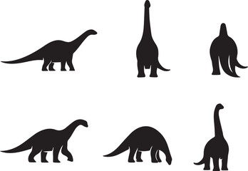 Set of Dinosaur Silhouettes Featuring Long-Necked Sauropods Like Brachiosaurus and Diplodocus in Various Poses, Perfect for Educational Projects, Logos, and Prehistoric Themed Graphic Designs. © Sadek