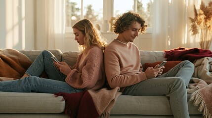 Obraz premium Young couple seated backtoback on a sleek sofa engrossed in their smartphones with soft natural light casting gentle shadows over a minimalist living room cluttered with cozy throw