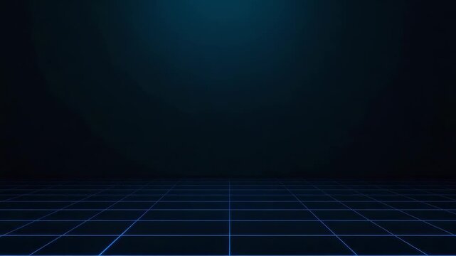 Retro futuristic stage with neon grid floor glowing teal pathway and dramatic lighting