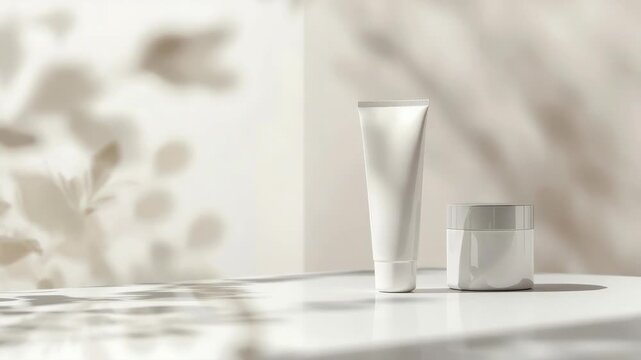 Minimalist skincare cream tube and jar sunlit table with soft botanical shadows and natural