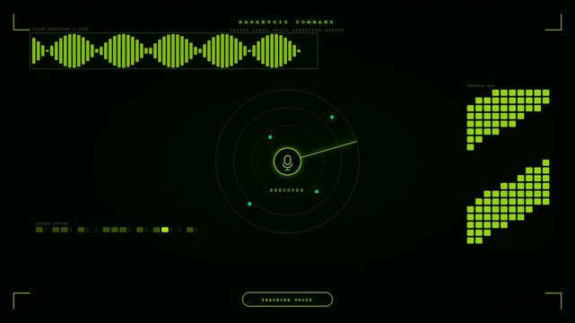 The screen displays a green Voice Command Interface with glowing sound waves and scanning radar animations that process and execute digital speech recognition tasks seamlessly.