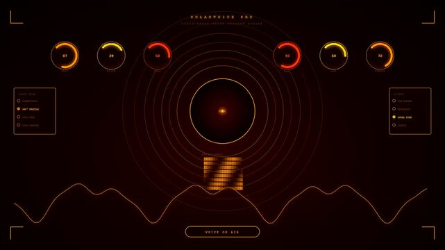 A futuristic glowing voice command interface displays oscillating sound waves and digital data metrics on a dark background for an advanced artificial intelligence system visualization