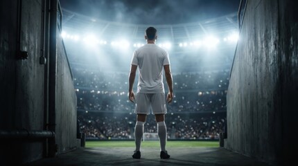 Fototapeta premium White uniform soccer player standing between concrete tunnel walls