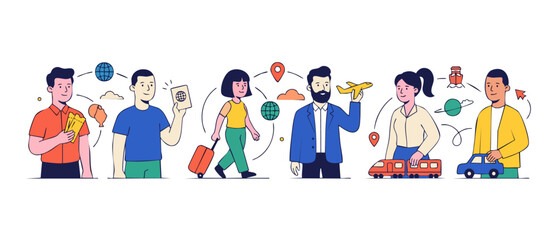 Fototapeta premium Travel People Group Traveling Illustration with Passport, Plane, Train, and Car Icons for Tourism Concept, Flat Vector Design Depicting Global Adventure, Vacation Booking and Diverse Travelers Lifesty