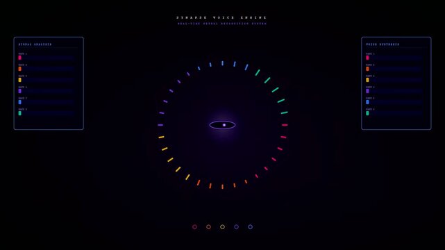 A sophisticated glowing voice command interface displays complex audio data processing with circular wave visualizers and colorful bar charts on a dark futuristic screen display.