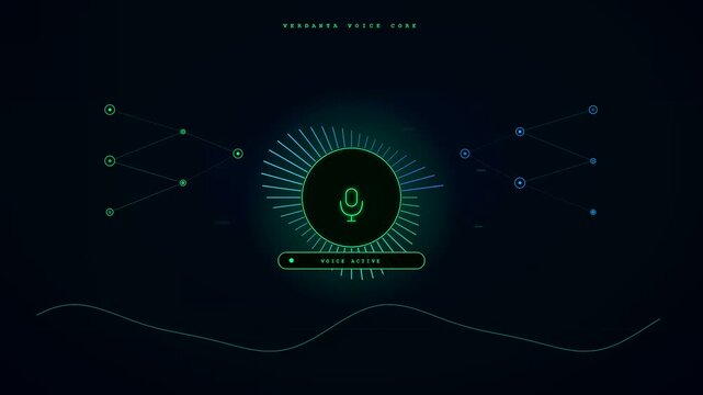 A futuristic and sleek voice command interface pulses with green light as digital nodes and audio waveforms react to spoken input in a dark room.