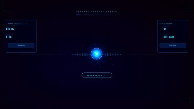 Modern digital graphics show an advanced voice command interface transitioning from standby to active recording and processing within a dark blue futuristic heads up display.