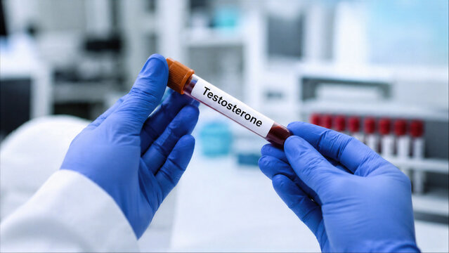 Researcher in Blue Gloves Holding Blood Test Tube with Testosterone Label in Medical Laboratory for Hormone Analysis