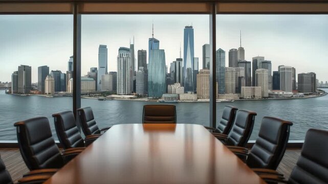 Conference room boardroom meeting table leather chair panoramic window city skyline calm