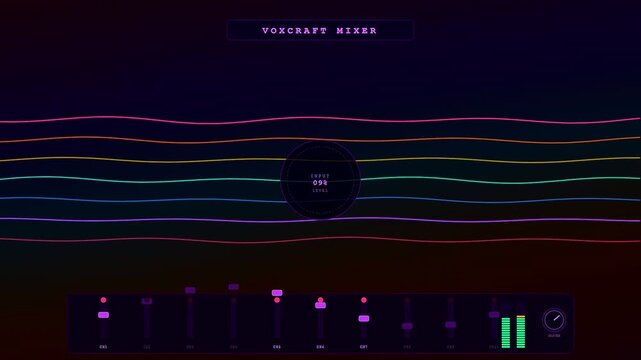 Vibrant colorful waves ripple across a sleek Voice Command Interface as digital audio faders adjust dynamically during a high fidelity sound mixing session in studio.