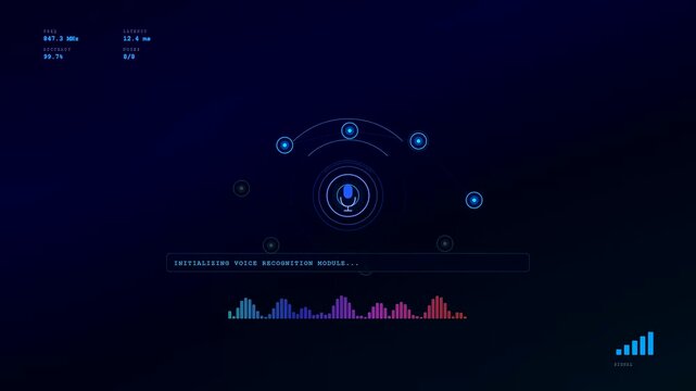 A futuristic digital Voice Command Interface initializing with blue glowing circular elements and a dynamic colorful sound wave animation across a dark sophisticated background display screen