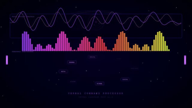 A futuristic voice command interface displays oscillating wave patterns and colorful frequency bars reacting to vocal input in a dark and sophisticated digital environment.