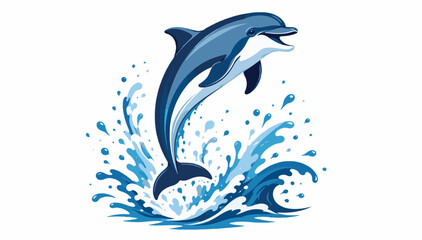 Playful Blue Dolphin Leaping Out of the Ocean Water with Stylized Splashes, High-Quality Vector Illustration for Marine Wildlife Themes, Sea Life Graphic Design Element on White Background. © Sadek
