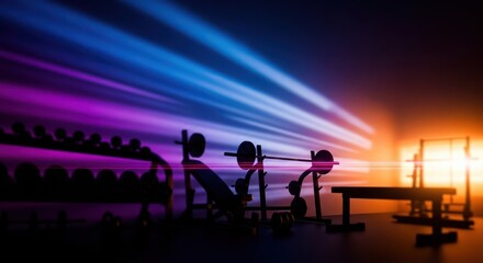 Fototapeta premium Gym silhouettes with bench press equipment and colored light beams